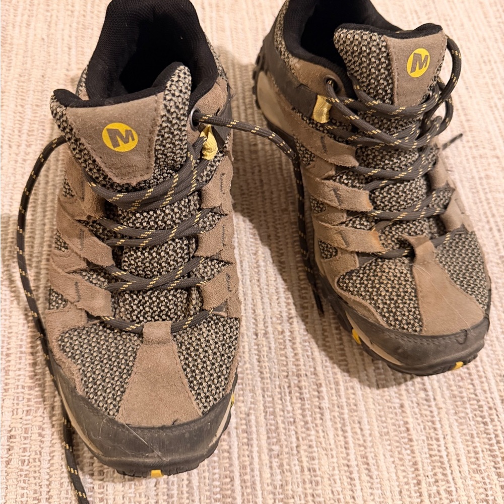 Merrell Taupe and Gray Trail Shoes with Yellow Accents